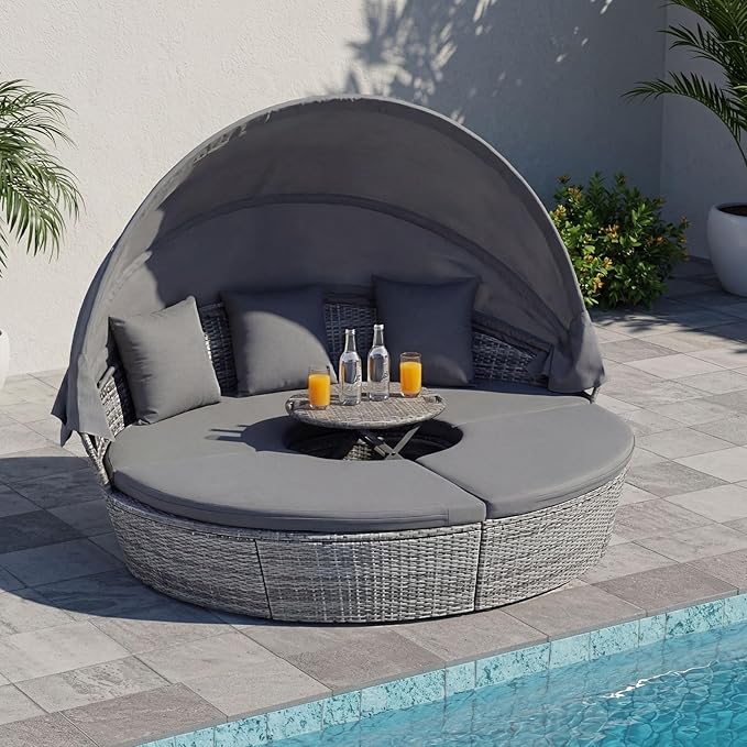 HAPPYGRILL Rattan Daybed with Canopy, Outdoor Wicker Round Daybed Patio Seating with Cushions & Adjustable Side Table - Photo 3