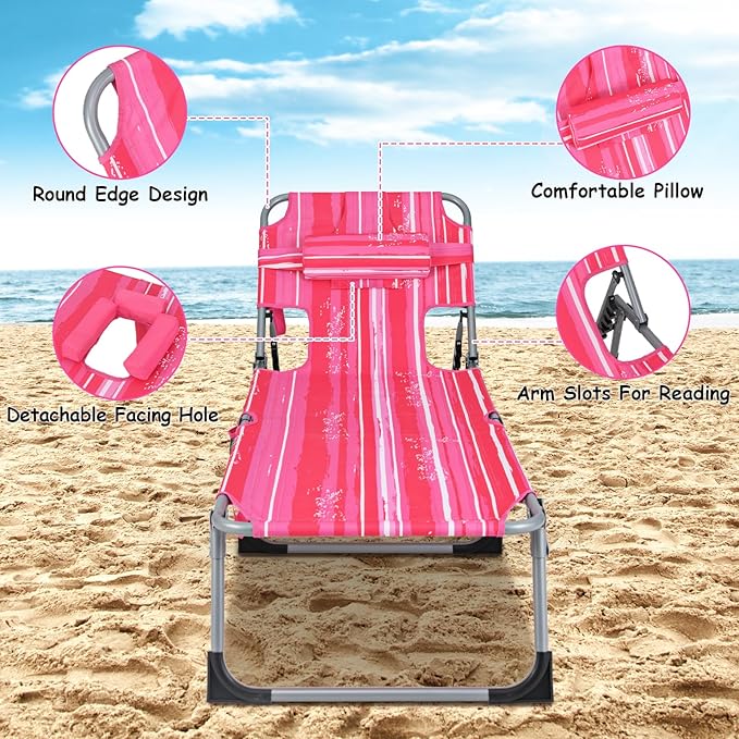 GYMAX Tanning Chair, Folding Beach Lounger with Face Arm Hole, Adjustable Backrest, Side Pocket & Carry Handle, Outside Sunbathing Lounge Chair for Patio, Poolside, Lawn (2, Pink Stripe)