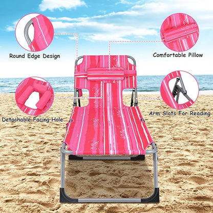 GYMAX Tanning Chair, Folding Beach Lounger with Face Arm Hole, Adjustable Backrest, Side Pocket & Carry Handle, Outside Sunbathing Lounge Chair for Patio, Poolside, Lawn (1, Pink Stripe)