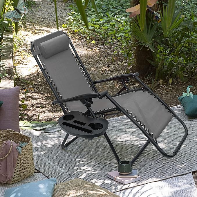 Kemon Zero Gravity Folding Lounge Outdoor Patio Adjustable Reclining Chair with Pillows and Cup Holders for Beach Set of 2, Double Grey, KM-CDGVC