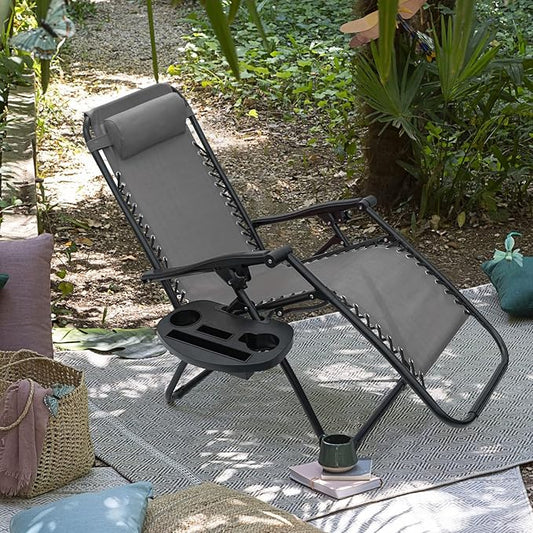 Kemon Zero Gravity Folding Lounge Outdoor Patio Adjustable Reclining Chair with Pillows and Cup Holders for Beach Set of 2, Double Grey, KM-CDGVC