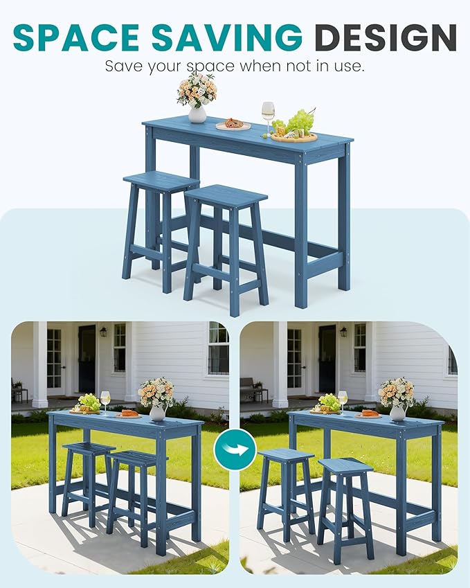 SERWALL 3-Piece Outdoor Bar Set, Rectangular All Weather HDPE Bar Height Patio Set - Photo 8
