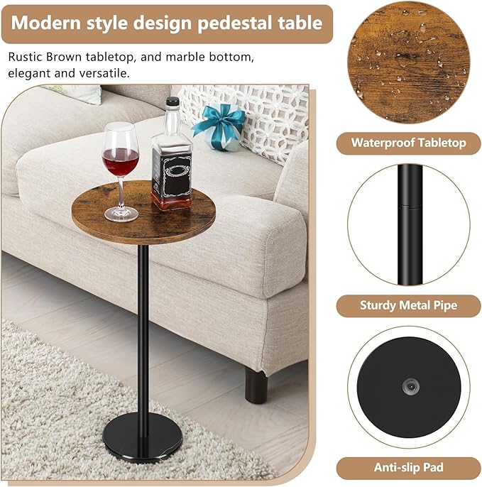 OYEAL Drink Side Table Small Round Cocktail Table for Patio Outdoor Pedestal Side Table Coffee Table with Black Marble Base for Sofa Couch, Rustic Brown & Black
