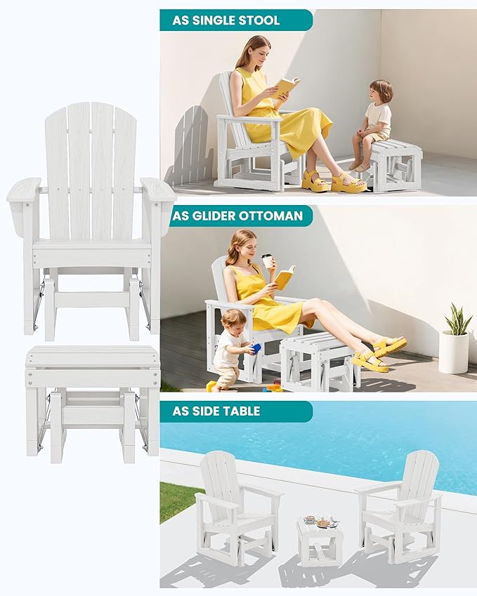 SERWALL Outdoor Glider Chair Set of 4 with Ottoman, HDPE Wood-Like Patio Glider Set All-Weather Porch Glider for Outside - Photo 6