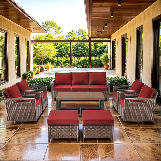 Luxury 8 Piece Heavy Duty Patio Furniture Set with Swivel Chairs - All Weather Wicker Comfort Thick Cushion Outdoor Conversation Set for Porch Poolside Deck - Red