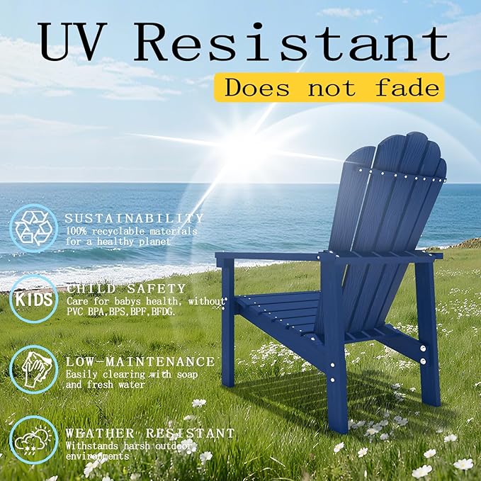 Stackable Adirondack Chair Set of 8, HDPE All-Weather Adirondack Chairs - Durable and Space Saving, Plastic Outdoor Fire Pit Chairs with Cup Holder,Navy Blue