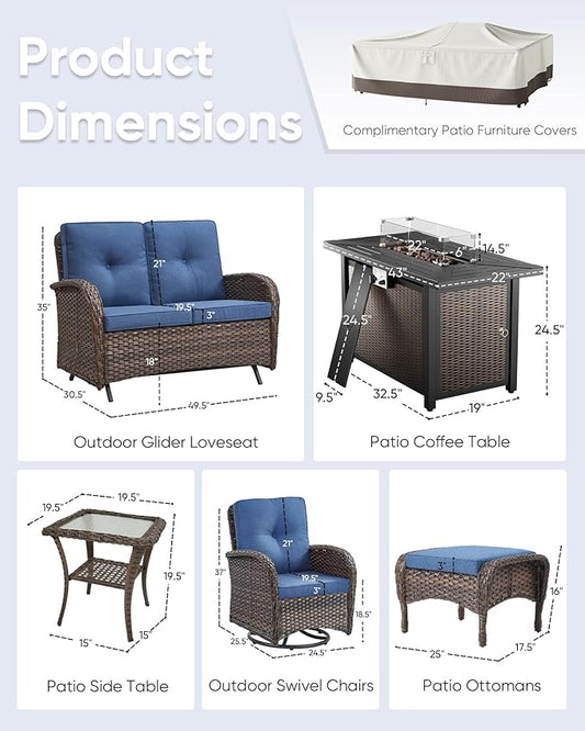 7 Pieces Outdoor Furniture with Fire Pit Deep Seating Outdoor Glider Loveseat with Patio Swivel Chairs Outdoor Furniture Set for Deck Porch Garden Balcony Poolside-Brown/Blue