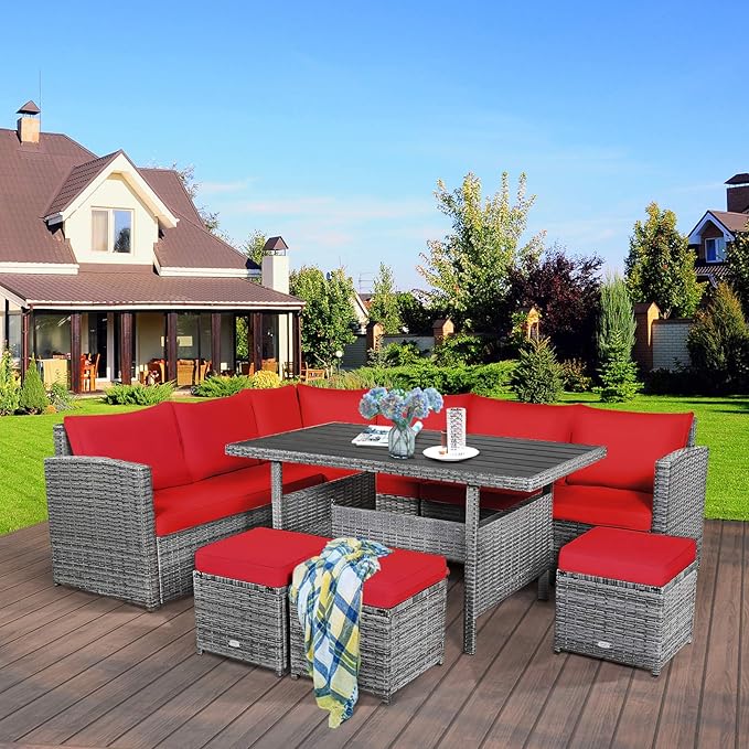 COSTWAY 7 PCS Wicker Outdoor Conversation Set, Patio Sectional Furniture Sofa Set with Table & Seat Cushions, Rattan Furniture Sets for Backyard Garden Poolside Porch, Red