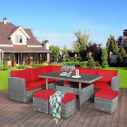 COSTWAY 7 PCS Wicker Outdoor Conversation Set, Patio Sectional Furniture Sofa Set with Table & Seat Cushions, Rattan Furniture Sets for Backyard Garden Poolside Porch, Red
