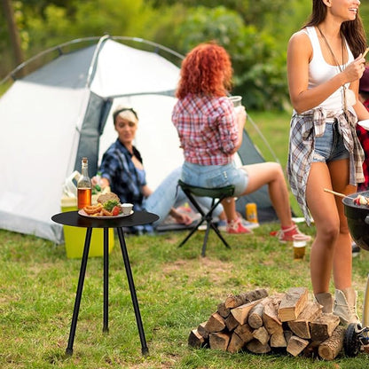 12.2" Small Round Outdoor Side Table - Adjustable Height (11.4" & 18.1") Sturdy Metal End Table, Anti-Rust Coated Iron Plant Stand, Portable Camp Table for Tent, Beach, Balcony, Black