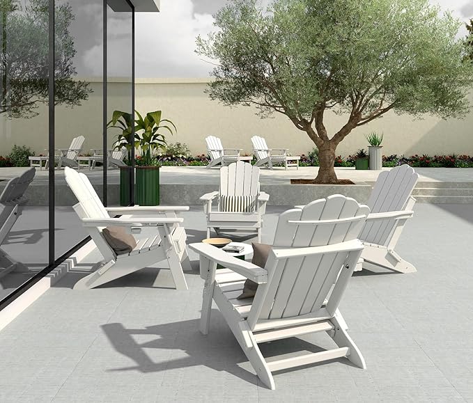 FOOWIN Adjustable Adirondack Chair with Retractable Ottoman Set of 8, Folding Adirondack Chair with Cup Holder, HDPE All-Weather Fire Pit Chair for Patio, Yard, Poolside,White