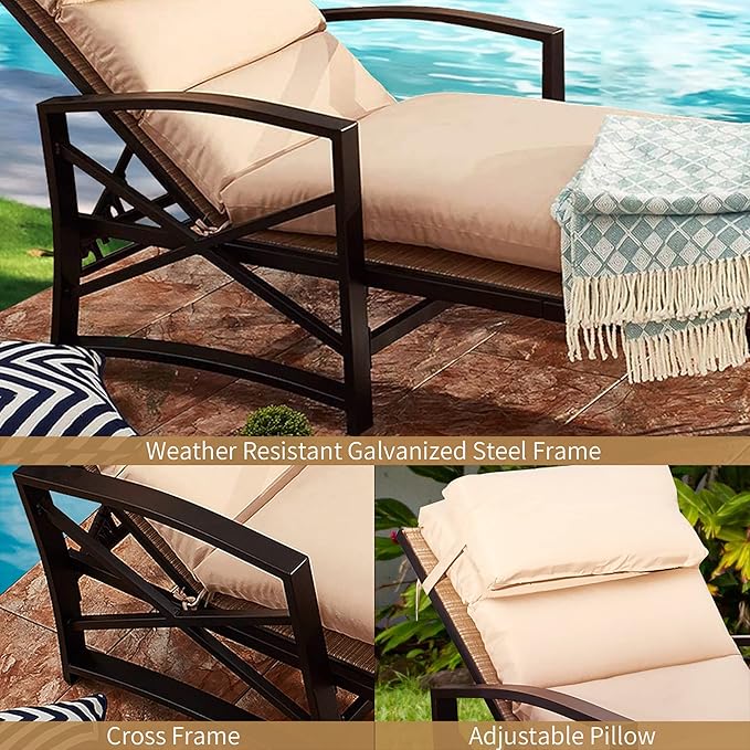 PatioFestival Patio Lounge Chair Cushioned Chaise Lounger Outdoor with Adjustable Back 3.1" Thickness Long Cushion All Weather Frame(Khaki)
