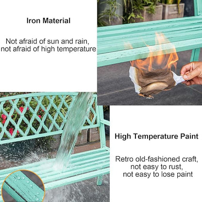 Porch Benches Outdoor, 2-3 Person Metal Garden Bench with Diamond Weaving Backrest, Load Bearing 880lbs, for Backyard Deck Lawn Poolside(Green)