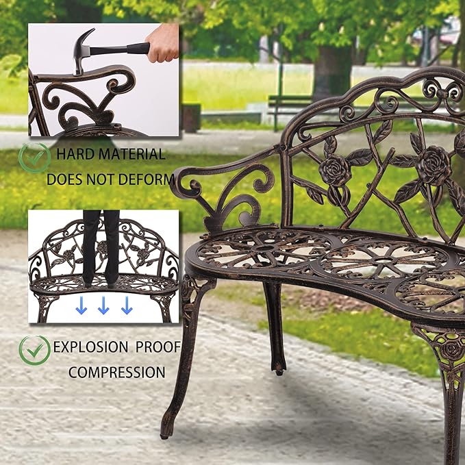 Metal Outdoor Bench Garden Bench Patio Park Bench Porch Bench with Armrests Floral Rose Accent for Indoor/Outdoor Garden Patio Porch,Bronze