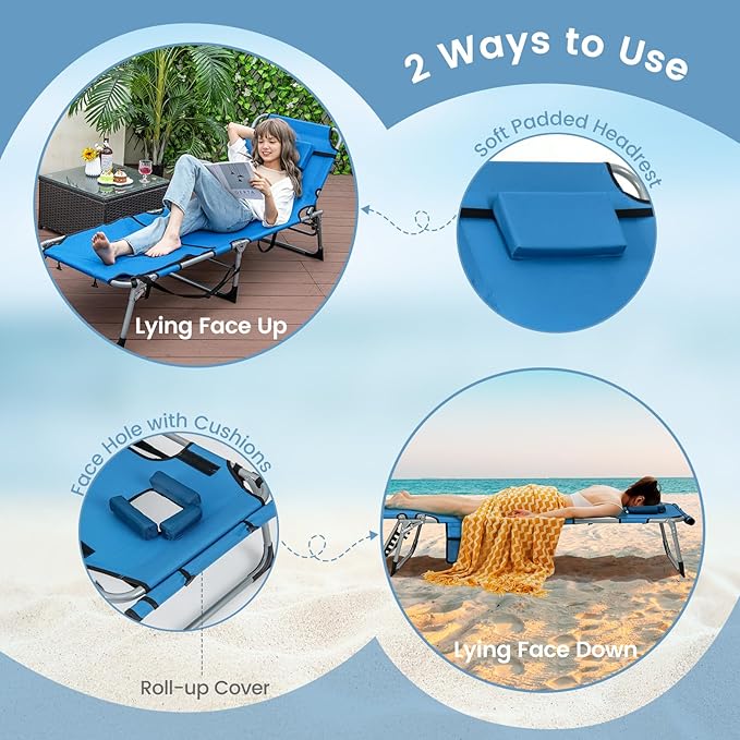 Goplus Tanning Chair, Folding Outdoor Beach Lounge Chair with Face & Arm Hole, Carrying Strap, Pillow, Side Pocket - Photo 5