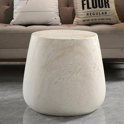 Outdoor Side Table Round Concrete End Table Faux Stone Side Tables Travertine Small Coffee Tables for Indoor Outdoor, Garden Stool Plant Stand for Porch Backyard Patio Faux Marble-Barrel