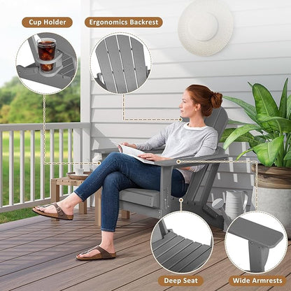 Adirondack Chair Set of 2 with Cushion & Cup Holder, HDPE Folding Adirondack Chairs with Wood-Like Grain Outdoor Fire Pit Chairs for Patio/Porch/Swimming Pool/Camping (Grey)