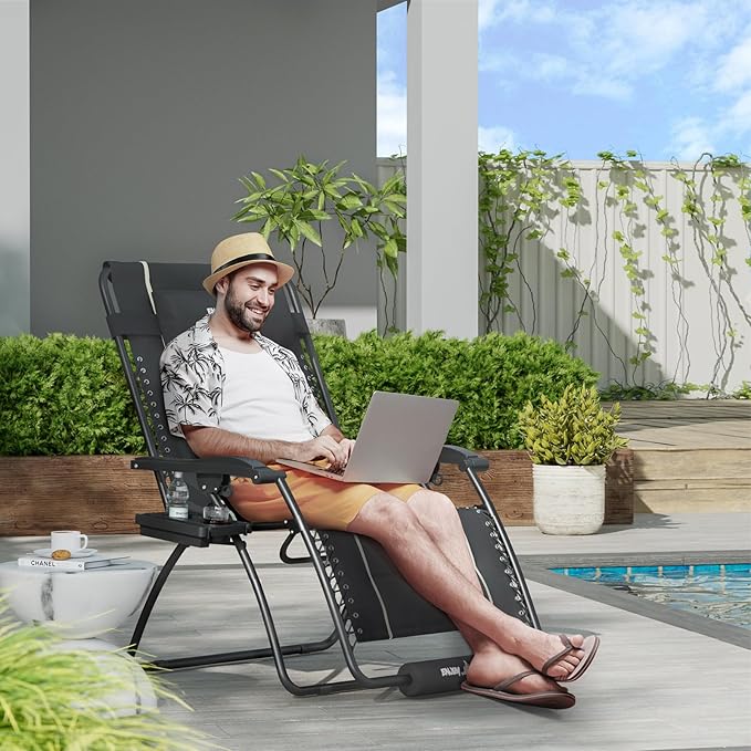 UDPATIO Zero Gravity Chair Oversized Outdoor Anti Gravity Chairs Patio Lounge Folding Adjustable Chair with Cup Holder, Foot Pad & Padded Headrest, Supports 500lbs (1, Grey, 33in)