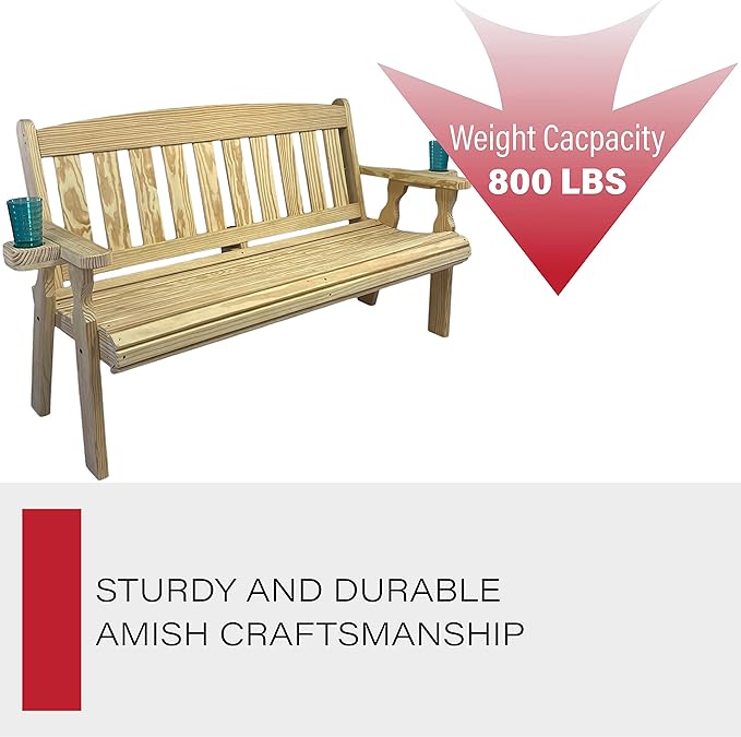 Amish Casual Heavy Duty 800 Lb Mission Pressure Treated Garden Bench with Cupholders (5 Foot, Unfinished)
