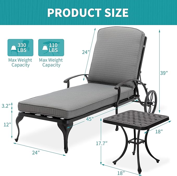 HOMEFUN Chaise Lounge Chair Outdoor - Poolside Chairs Set of 2 with Cushion and 1 Patio Side Table Cast Aluminum Waterproof Lounger with Wheels and Adjustable Reclining (Gray Cushion)
