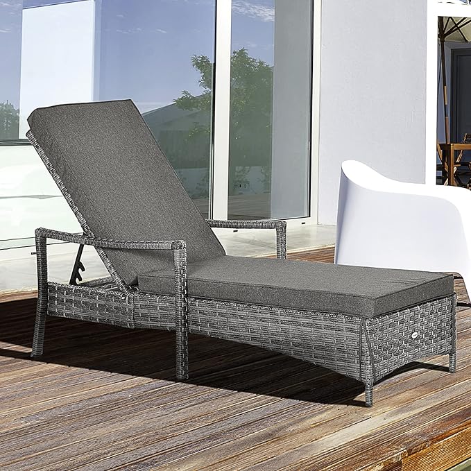 Outsunny Wicker Chaise Lounge, 4 Position Adjustable Backrest and Cushions Outdoor Lounge Chair PE Rattan Sun Lounger for Poolside, Balcony or Garden, Dark Grey