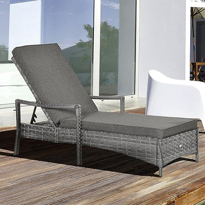 Outsunny Wicker Chaise Lounge, 4 Position Adjustable Backrest and Cushions Outdoor Lounge Chair PE Rattan Sun Lounger for Poolside, Balcony or Garden, Dark Grey