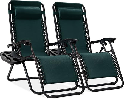 Best Choice Products Set of 2 Adjustable Steel Mesh Zero Gravity Lounge Chair Recliners w/Pillows and Cup Holder Trays - Forest Green