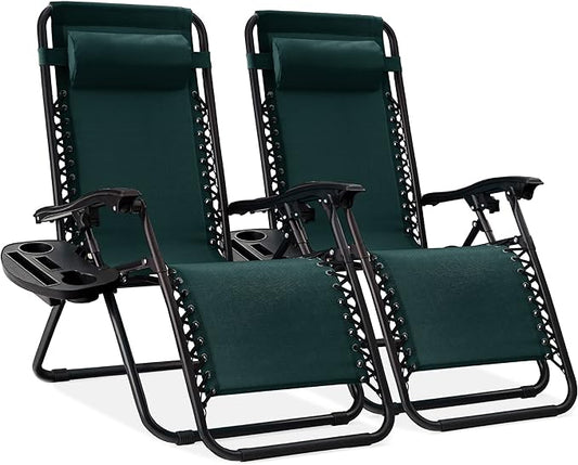 Best Choice Products Set of 2 Adjustable Steel Mesh Zero Gravity Lounge Chair Recliners w/Pillows and Cup Holder Trays - Forest Green