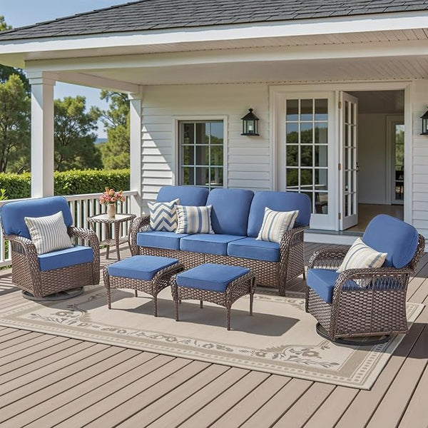 6 Pieces Outdoor Patio Furniture Set, All Weather Wicker Swivel Rocker Patio Chairs Rattan 3 Seater Sofa with Ottomans - Photo 1