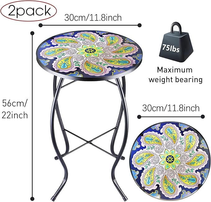 2PCS 12 Inch Small Outdoor Side Table with Purple Flower, Glass Mosaic Patio Table Indoor, Round Plant Coffee Table for Living Room, Balcony, Garden
