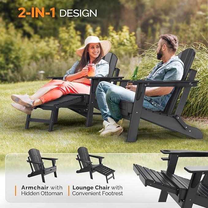 VINGLI Folding Adirondack Chair Set of 4 with Ottoman, Waterproof Plastic HDPE Firepit Chair for Outside with Hidden Footrests, Foldable Ergonomics Seating for Patio Porch Yard Garden(Black)