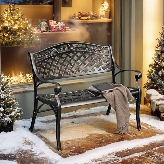 YITAHOME Cast Aluminum Outdoor Bench for 2 Persons, 39.4'' Heavy Duty Rust Free Patio Garden Bench for Front Porch Yard Lawn Entryway Deck, Park Bench, Outdoor Benches, Bronze