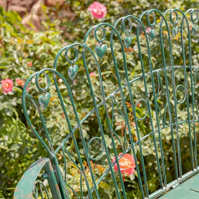 Zaer Ltd. Vintage Style Metal Patio Furniture with Heart Design Accents, Outdoor/Indoor Decor (Antique Green, Garden Bench)