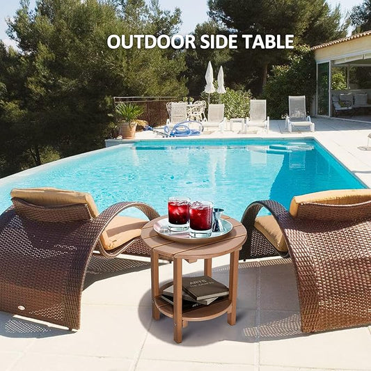 Round Adirondack Outdoor Side Table, 17.7" Small Patio End Table, 2-Tier HDPE Plastic Table for Poolside Porch Garden, Weather Resistant & Easy Assembly (Teak)