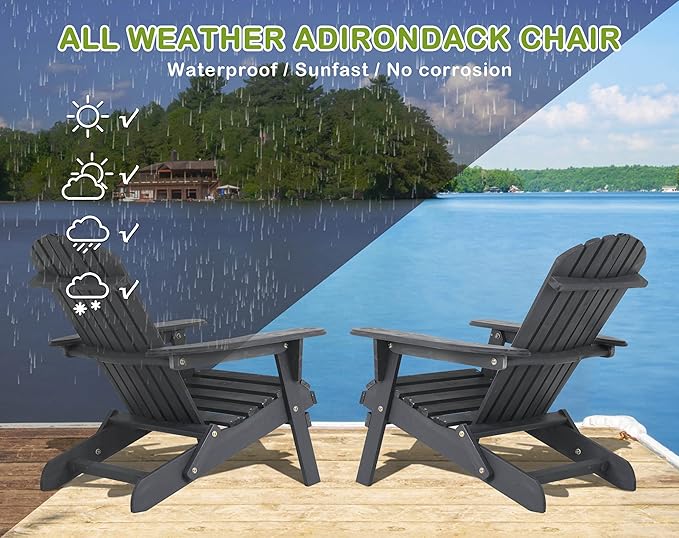 Folding Adirondack Chairs Set of 2, All-Weather Wide Armrest Wooden Outdoor Chairs, Fire Pit & Front Porch Chairs - Photo 6