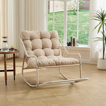 Rocking Chair with Foot Rest, Outdoor Indoor Rocking Lounge Chair with Cushion, Comfortable Patio Rocker Chairs for Patio, Porch, Garden, Living Room, Reading, Metal Frame, Beige