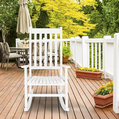 Outdoor Porch Rocker Chairs,Weather Resistant Wood Rocking Chair for Adults,Modern Rocking Accent Chairs,Indoor Outside Furniture Rocker,with Armrest,for Garden Lawn Backyard Poolside Deck (White)