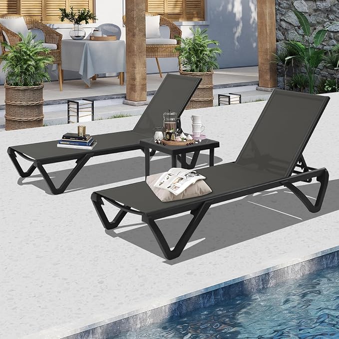 Domi Pool Lounge Chairs Set of 3, Aluminum Chaise Lounge Outdoor with Side Table - Photo 1