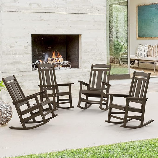 LUE BONA Outdoor Rocking Chairs Set of 4, Weather Resistant HDPS Poly Rocker Chairs, 350lb Heavy Duty, Oversized Porch Rocker for Adult, High Back Smooth Rocking for Outdoor & Indoor, Brown