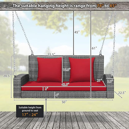 Tangkula 2 Person Wicker Hanging Porch Swing, Patiojoy Outdoor Rattan Swing with Soft Cushions and 2 Rustproof Steel Chains, 800 LBS Patio Swing Bench for Balcony, Garden and Yard