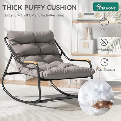 YITAHOME Patio Oversized Rocking Chair, Versatile Indoor/Outdoor Textilene Lounge with Soft Thick Cushion, Teak Armrests and Footrest, Ideal for Living Room, Porch, or Backyard