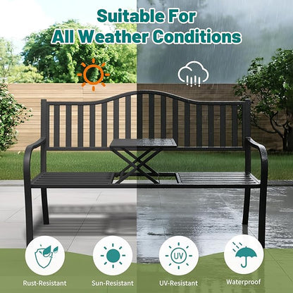 2 in 1 Metal Bench Patio Bench, Outdoor Benches Weatherproof with Folding Middle Table, Wrought Iron Garden Benches for Outdoors, Patio, Garden, Park