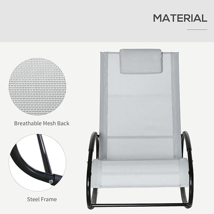 Outsunny Pool Lounger, Outdoor Rocking Lounge Chair for Sunbathing, Pool, Beach, Porch with Pillow and Cool Mesh, Sun Tanning Rocker, Grey
