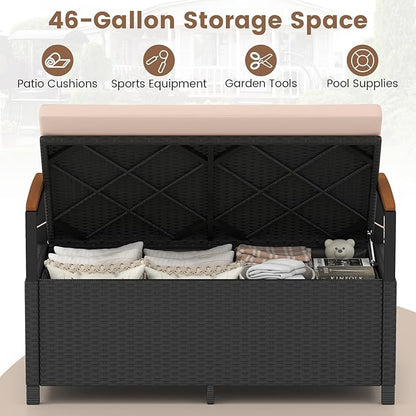 Tangkula 46 Gallon Outdoor Bench with Storage, Outdoor PE Rattan Storage Bench with Cushion, Backrest & Acacia Wood Armrests, Metal Frame, Waterproof Deck Box Seat for Porch Backyard Poolside
