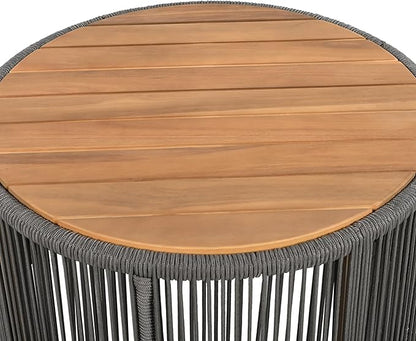 Round Rattan Coffee Table, Wood Outdoor Coffee Table, Rustic Patio Table Weather-Resistant Outdoor Furniture, for Garden, Balcony, Porch, Grey