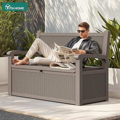 YITAHOME 70 Gallon Deck Bench with Storage, Outdoor Storage Box Bench with Armrests for Patio Garden Pool Porch, Waterproof&Lockable, Light Brown