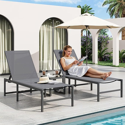 Amopatio Outdoor Patio Lounge Chair, Adjustable Heavy-Duty Chaise Lounge for Poolside, Weather Resistant Pool Lounge Furniture Set with Table for Backyard Beach, 400 LBS Capacity(Gray)