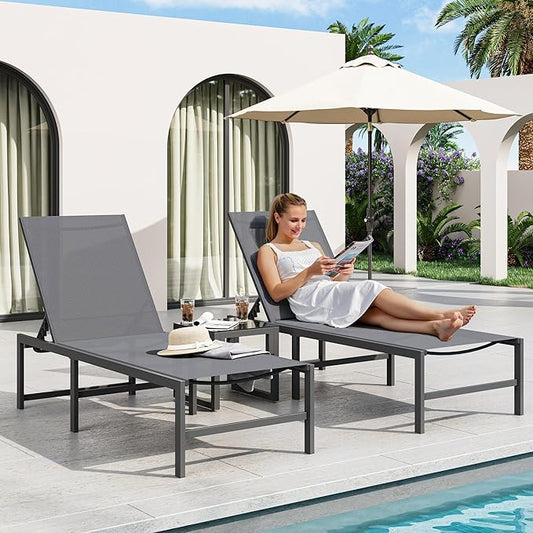 Amopatio Outdoor Patio Lounge Chair, Adjustable Heavy-Duty Chaise Lounge for Poolside, Weather Resistant Pool Lounge Furniture Set with Table for Backyard Beach, 400 LBS Capacity(Gray)