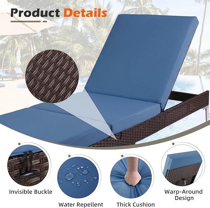 HOMREST Outdoor Chaise Lounge Chair Set of 2, Rattan Pool Sunbathing Recliner with Adjustable Backrest, Patio Wicker Lounge Chairs with Removable Cushion (Navy Blue)
