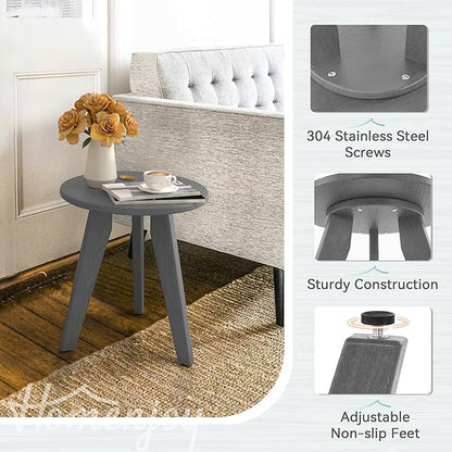 HDPS Outdoor Side Table, Small Round Side Table Weather-Resistant, Outdoor Side Tables for Patio, Porch, Deck, End Table for Plant Stand, Living Room, Bedroom, Gray